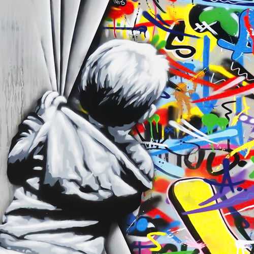 Runa Art Wandbilder Boy Behind the curtain 5 Teilig Bild auf Vlies Leinwand Deko Loft Wohnzimmer Streetart Graffiti Bunt 043552a