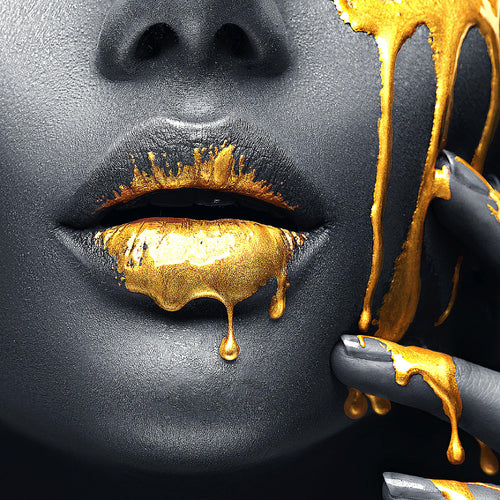 Runa Art Bild Lippen Gold Schwarz Modern Wandbilder Wohnzimmer Schlafzimmer 1 Teilig - Made In Germany - Kosmetik Fashion Frau Flur 041515a