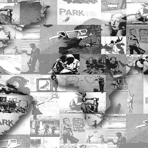 Runa Art Wandbild Weltkarte Banksy Collage 1 Teilig 100 x 40 cm Modern Bild auf Vlies Leinwand Pop Art Loft Wohnzimmer Grau 104512c