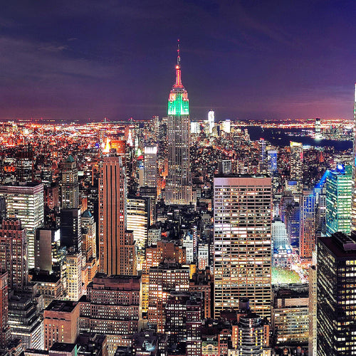 Runa Art Wandbild New York Skyline 1 Teilig 100 x 40 cm Modern Bild auf Vlies Leinwand Städte Wohnzimmer Büro Violett Lila 036212a