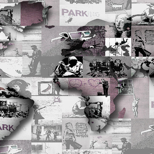 Runa Art Wandbild Weltkarte Banksy Collage 1 Teilig 100 x 40 cm Modern Bild auf Vlies Leinwand Pop Art Loft Wohnzimmer Rosa 104512b