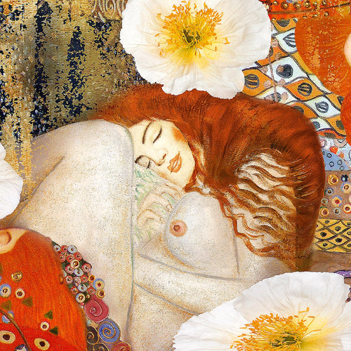 Runa Art Wandbild Collage Gustav Klimt 1 Teilig 100 x 40 cm Modern Bild auf Vlies Leinwand Frau Wohnzimmer Rot 018512a