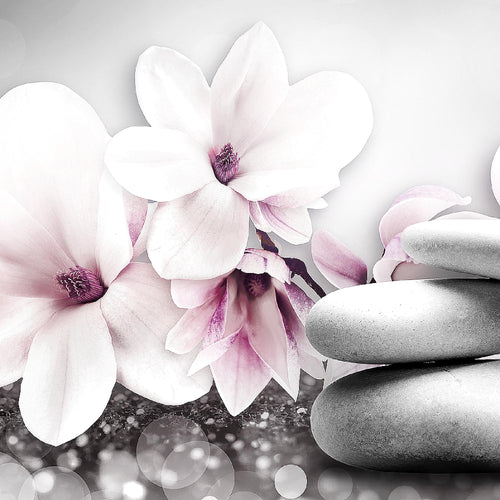 Runa Art Wandbild Blumen Magnolien 1 Teilig 100 x 40 cm Modern Bild auf Vlies Leinwand Abstrakt Wohnzimmer Grau Rosa 035412a