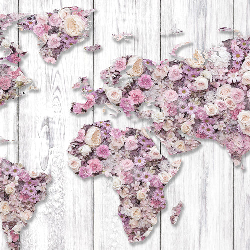 Runa Art Wandbilder Weltkarte Blumen 5 Teilig Bild auf Vlies Leinwand Deko Wohnzimmer Holz Rosa Grau 023252b