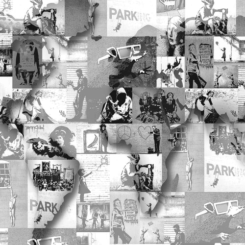Runa Art Bild Weltkarte Banksy Collage Modern Wandbilder Wohnzimmer Büro 1 Teilig - Made In Germany - Pop Art Grau Flur 104515c