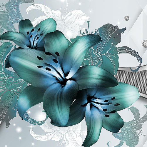 Runa Art Wandbild Blumen Lilien 1 Teilig 100 x 40 cm Modern Bild auf Vlies Leinwand Abstrakt Wohnzimmer Grau Türkis 016512a