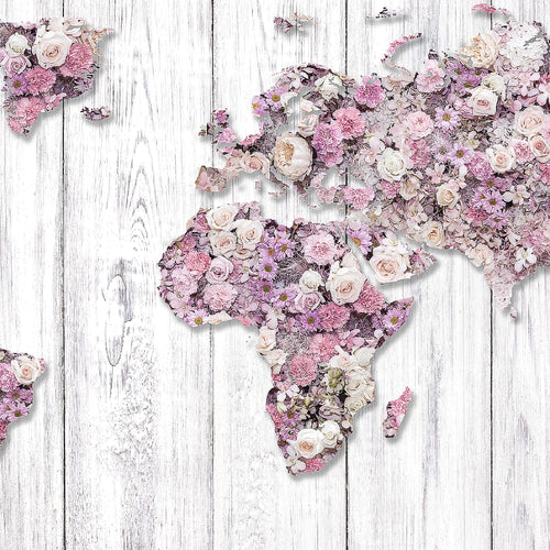 Runa Art Wandbild Weltkarte Blumen 1 Teilig 100 x 40 cm Modern Bild auf Vlies Leinwand Vintage Wohnzimmer Grau Rosa 023212b