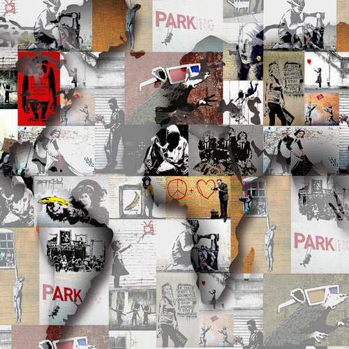 Runa Art Wandbilder Weltkarte Banksy Collage Bild XXL Loft Wohnzimmer Rosa Pop Art 120 x 80 cm 3 Teilig 104531b