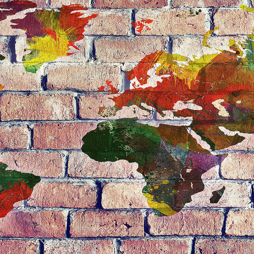 Runa Art Wandbild Weltkarte 1 Teilig 100 x 40 cm Modern Bild auf Vlies Leinwand Ziegelwand Büro Wohnzimmer Rot Bunt 106912c