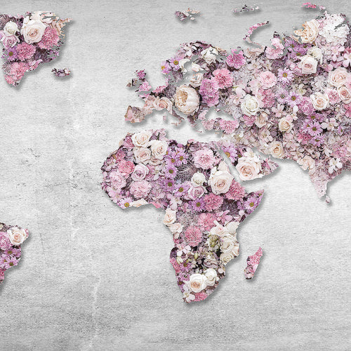 Runa Art Wandbild Weltkarte Blumen 1 Teilig 100 x 40 cm Modern Bild auf Vlies Leinwand Steinwand Wohnzimmer Grau Rosa 023212a