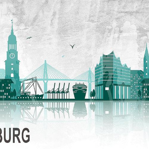 Runa Art Wandbild Hamburg 1 Teilig 100 x 40 cm Modern Bild auf Vlies Leinwand Abstrakt Wohnzimmer Schlafzimmer Türkis Grau 035912b