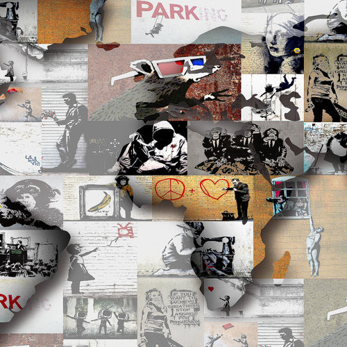 Runa Art Bild Weltkarte Banksy Collage Wandbilder auf Vlies Leinwand 5 Teilig Wanddekoration Loft Wohnzimmer 104556a