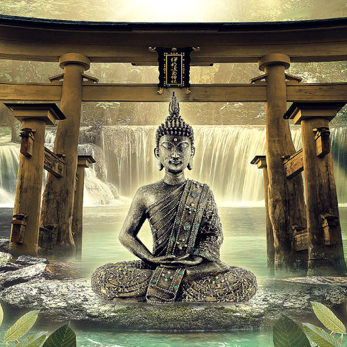 Runa Art Wandbild Feng Shui Buddha 1 Teilig 100 x 40 cm Modern Bild auf Vlies Leinwand Spa Wohnzimmer Schlafzimmer Grün Braun 036412a
