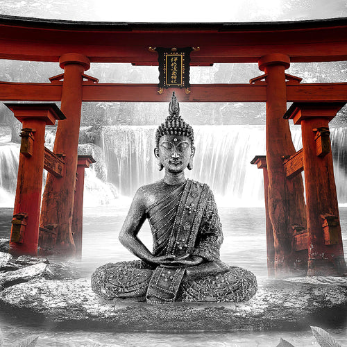 Runa Art Wandbild Feng Shui Buddha 1 Teilig 100 x 40 cm Modern Bild auf Vlies Leinwand Zen Wohnzimmer Schlafzimmer Rot Grau 036412c