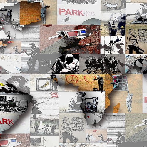 Runa Art Wandbild Weltkarte Banksy Collage 1 Teilig 100 x 40 cm Modern Bild auf Vlies Leinwand Pop Art Loft Wohnzimmer Bunt 104512a