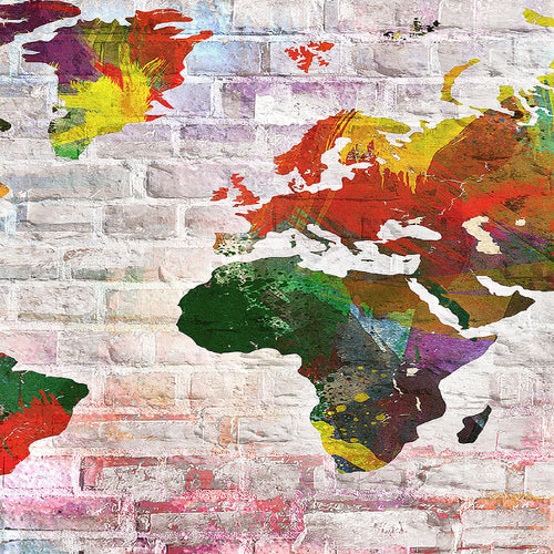 Runa Art Wandbild Weltkarte 1 Teilig 100 x 40 cm Modern Bild auf Vlies Leinwand Steinoptik Ziegel Büro Wohnzimmer Bunt 106912a