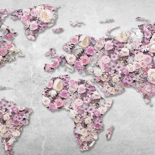 Runa Art Wandbilder Weltkarte Blumen 5 Teilig Bild auf Vlies Leinwand Deko Wohnzimmer Kontinente Rosa Grau 023252a