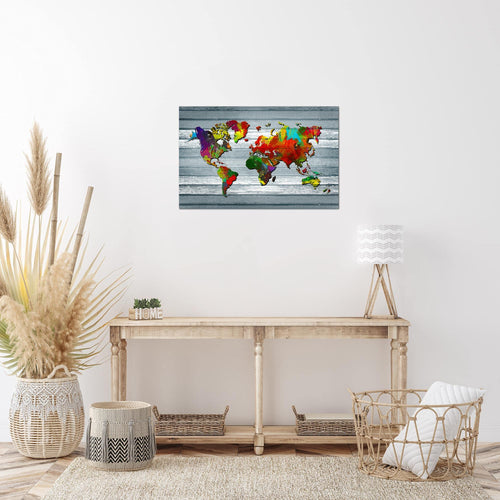 Runa Art Bild Weltkarte Modern Wandbilder Wohnzimmer Büro 1 Teilig - Made In Germany - Kontinente Holz Bunt Flur 105415c