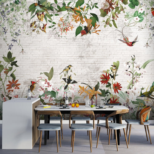 Novart Fototapeten 396 x 280 cm Blumen Vögel - Vlies Wanddekoration Wohnzimmer Schlafzimmer - Deutsche Manufaktur - Blätter Pflanze N9125012a