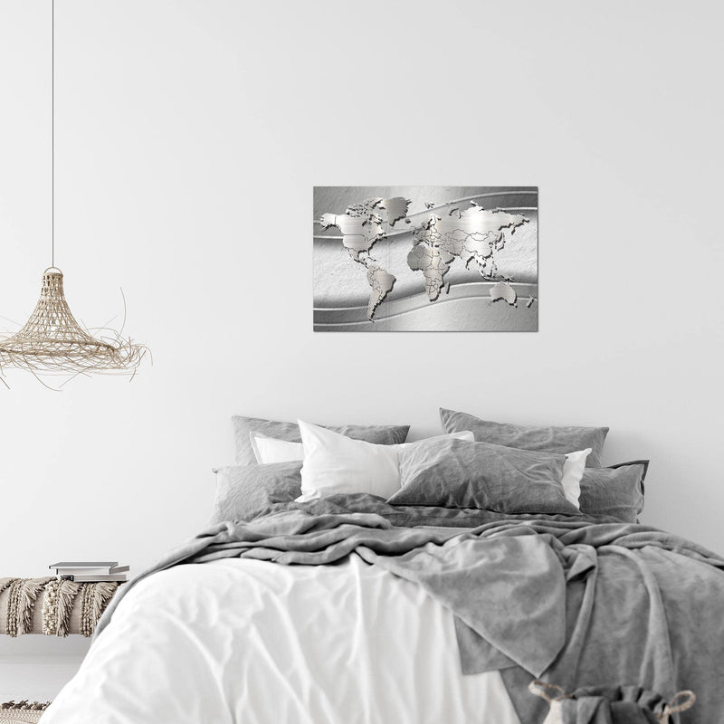 Runa Art Bild Weltkarte Modern Wandbilder Wohnzimmer Büro 1 Teilig - Made In Germany - Abstrakt Silber Grau Flur 107215c