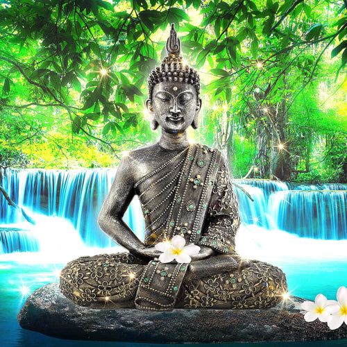 Runa Art Bild Buddha Wasserfall Modern Wandbilder Wohnzimmer Schlafzimmer 1 Teilig - Made In Germany - Natur Blau Grün Flur 503515b