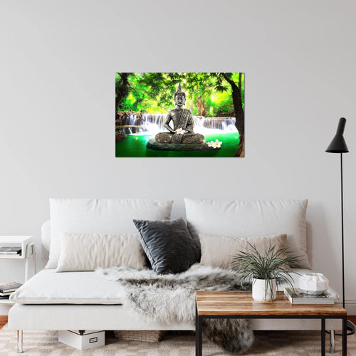 Runa Art Bild Buddha Wasserfall Modern Wandbilder Wohnzimmer Schlafzimmer 1 Teilig - Made In Germany - Feng Shui Grün Flur 503515a