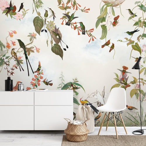Novart Fototapete Blumen 396 x 280 cm Wandtapete Blumenwiese Vögel Wohnzimmer Schlafzimmer - N9124012a