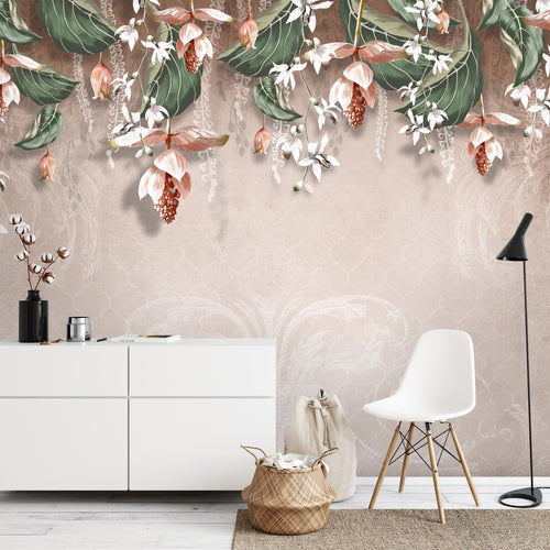 Novart Fototapeten 396 x 280 cm Blumen Blätter - Vlies Wanddekoration Wohnzimmer Schlafzimmer - Deutsche Manufaktur - grau N9122012a