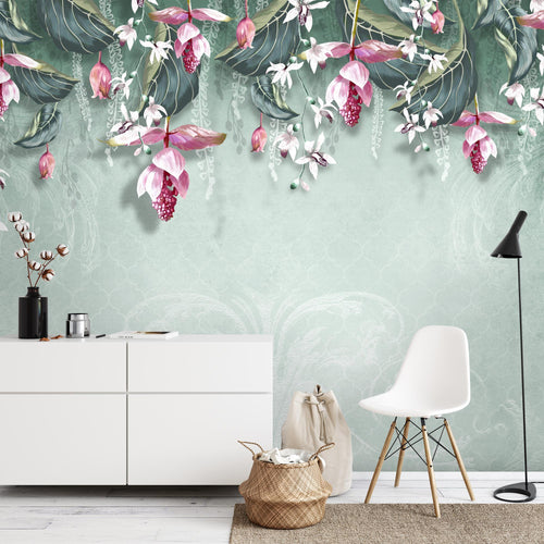 Novart Fototapeten 396 x 280 cm Blumen Blätter - Vlies Wanddekoration Wohnzimmer Schlafzimmer - Deutsche Manufaktur - grün N9122012b