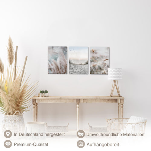 Novart Quadros Spiaggia Mare Boho - Completamente Pronto Da Appendere - Soggiorno Camera da letto Corridoio Decorazione Elegante - Set 3 Pezzi Blu Beige - N033830a