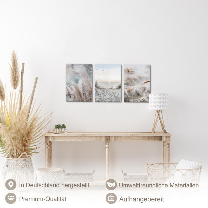 Novart Quadros Spiaggia Mare Boho - Completamente Pronto Da Appendere - Soggiorno Camera da letto Corridoio Decorazione Elegante - Set 3 Pezzi Blu Beige - N033830a