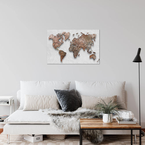 Runa Art Bild Weltkarte 3D Effekt Modern Wandbilder Wohnzimmer Büro 1 Teilig - Made In Germany - Kontinente Grau Braun Flur 107715c
