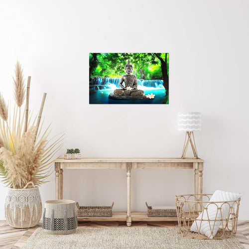 Runa Art Bild Buddha Wasserfall Modern Wandbilder Wohnzimmer Schlafzimmer 1 Teilig - Made In Germany - Natur Blau Grün Flur 503515b