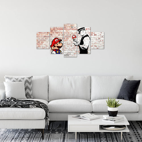 Runa Art Wandbilder Mario and Cop Banksy 5 Teilig Bild auf Vlies Leinwand Deko Jugendzimmer Wohnzimmer Street Art Braun Bunt 006552b