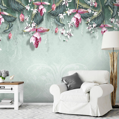 Novart Fototapeten 396 x 280 cm Blumen Blätter - Vlies Wanddekoration Wohnzimmer Schlafzimmer - Deutsche Manufaktur - grün N9122012b