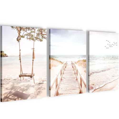 Novart Quadros Spiaggia Mare - Completamente Pronto Da Appendere - Soggiorno Camera da letto Corridoio Decorazione Elegante - Set 3 Pezzi Boho beige - N038130b
