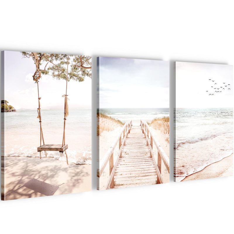 Novart Quadros Spiaggia Mare - Completamente Pronto Da Appendere - Soggiorno Camera da letto Corridoio Decorazione Elegante - Set 3 Pezzi Boho beige - N038130b