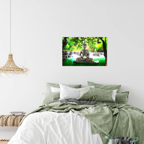 Runa Art Bild Buddha Wasserfall Modern Wandbilder Wohnzimmer Schlafzimmer 1 Teilig - Made In Germany - Feng Shui Grün Flur 503515a
