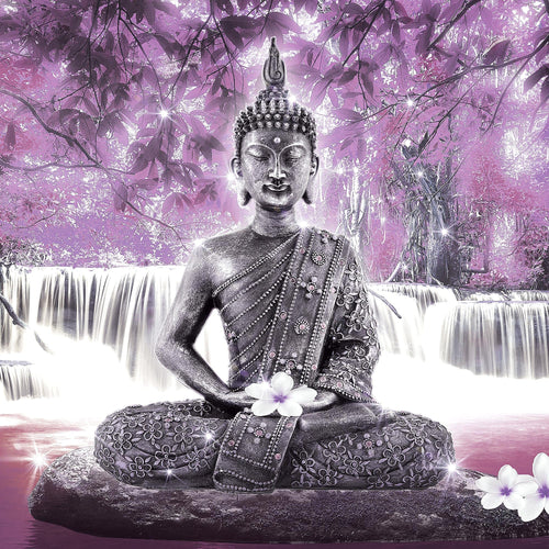 Runa Art Bild Buddha Wasserfall Modern Wandbilder Wohnzimmer Schlafzimmer 1 Teilig - Made In Germany - Landschaft Violett Lila Flur 503515c