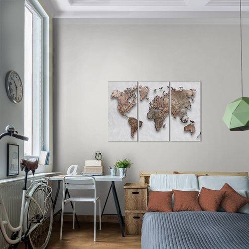 Runa Art Wandbilder Weltkarte 3D Effekt Bild XXL Büro Wohnzimmer Grau Kontinente Beton 120 x 80 cm 3 Teilig 107731b