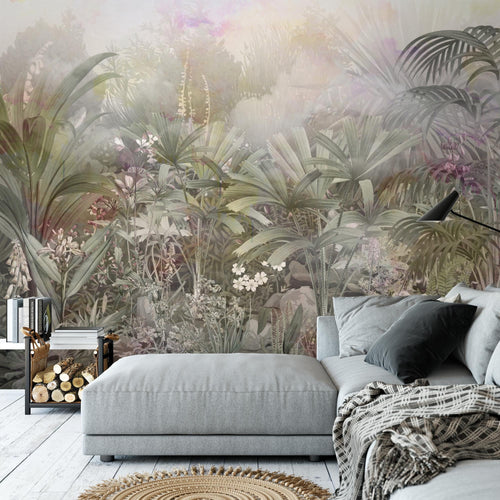 Novart Fototapete Dschungel 396 x 280 cm Wandtapete Blätter Blumen Grün Grau Wohnzimmer Schlafzimmer - N9123012a