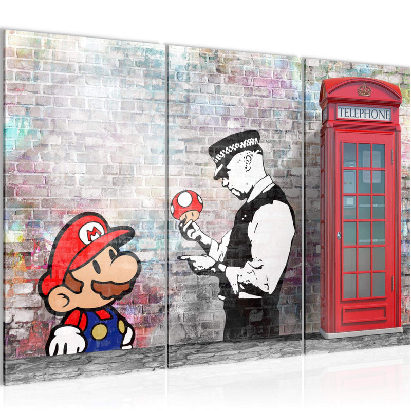 Runa Art Wandbilder Super Mario And Cop Bild XXL Jugendzimmer Wohnzimmer Grau Bunt Graffiti 120 x 80 cm 3 Teilig 032931b