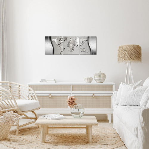 Runa Art - Bilder Weltkarte 120 x 40 cm 3 Teilig Wandbild auf Vlies Leinwand Silber Mehrteilig Modern 107233b