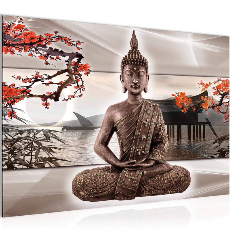 Runa Art Bild Buddha Feng Shui Modern Wandbilder Wohnzimmer Schlafzimmer 1 Teilig - Made In Germany - Kirschbaum Beige Rot Flur 503215c