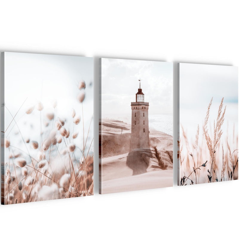 Novart Quadros Torre di luce Boho Mare - Completamente Pronto Da Appendere - Soggiorno Camera da letto Corridoio Decorazione Elegante - Set 3 Pezzi Beige - N034930a