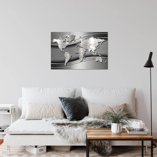 Runa Art Bild Weltkarte Modern Wandbilder Wohnzimmer Büro 1 Teilig - Made In Germany - Abstrakt Metall Silber Flur 107215b