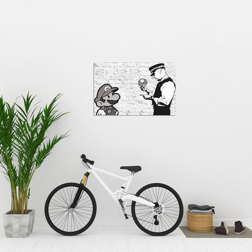 Runa Art Bild Mario and Cop Banksy Modern Wandbilder Jugendzimmer Wohnzimmer 1 Teilig - Made In Germany - Art Schwarz Weiss Flur 006515c