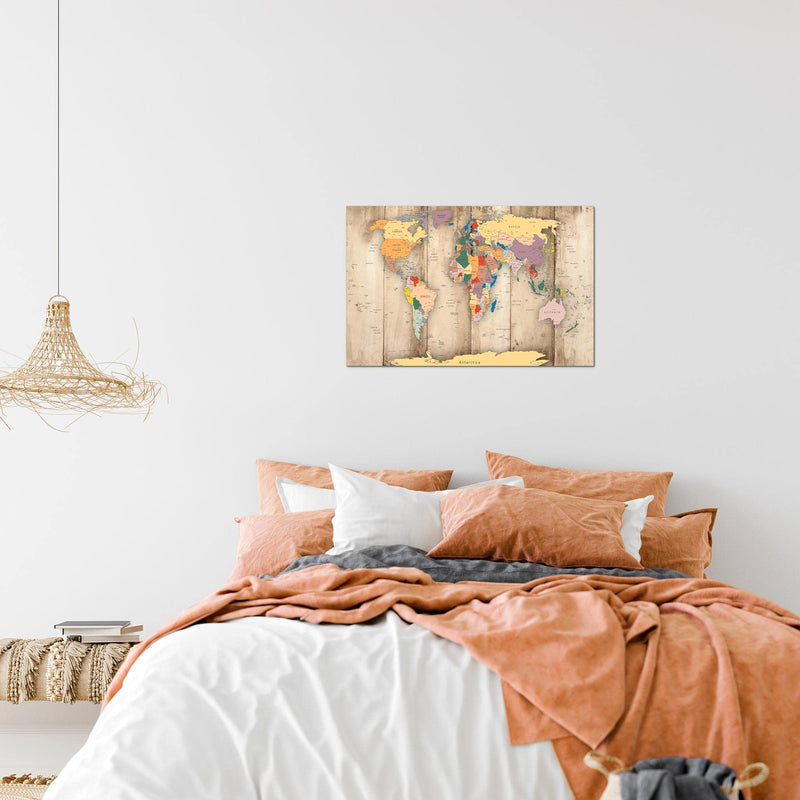 Runa Art Bild Weltkarte Holz Modern Wandbilder Wohnzimmer Büro 1 Teilig - Made In Germany - Kontinente Biege Flur 108715a