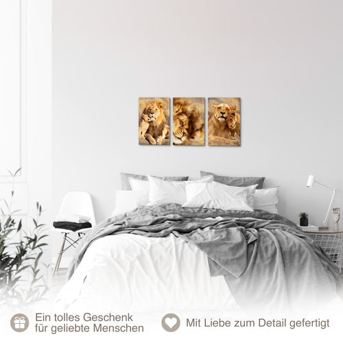 Novart Quadros Leoni Africa Animali - Completamente Pronto Da Appendere - Soggiorno Camera da letto Corridoio Decorazione Elegante - Set 3 Pezzi Beige - N036230a