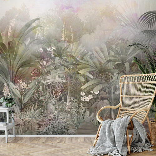 Novart Fototapete Dschungel 396 x 280 cm Wandtapete Blätter Blumen Grün Grau Wohnzimmer Schlafzimmer - N9123012a